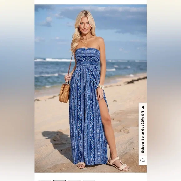 Indigo Paisley Strapless Wide Leg Jumpsuit Blue Strapless Boho Wide-Leg Jumpsuit - Picture 3 of 3